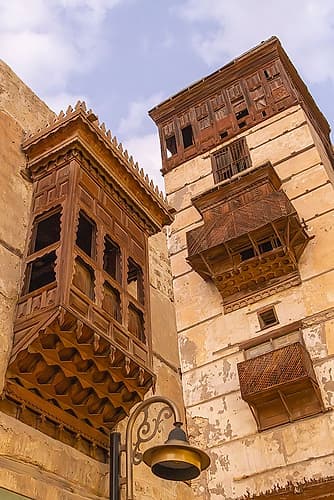 Saudi Arabia, Mecca, Jeddah, Al-Balad.Hijazi tower house with wooden Roshan windows and balconies. Nature Print